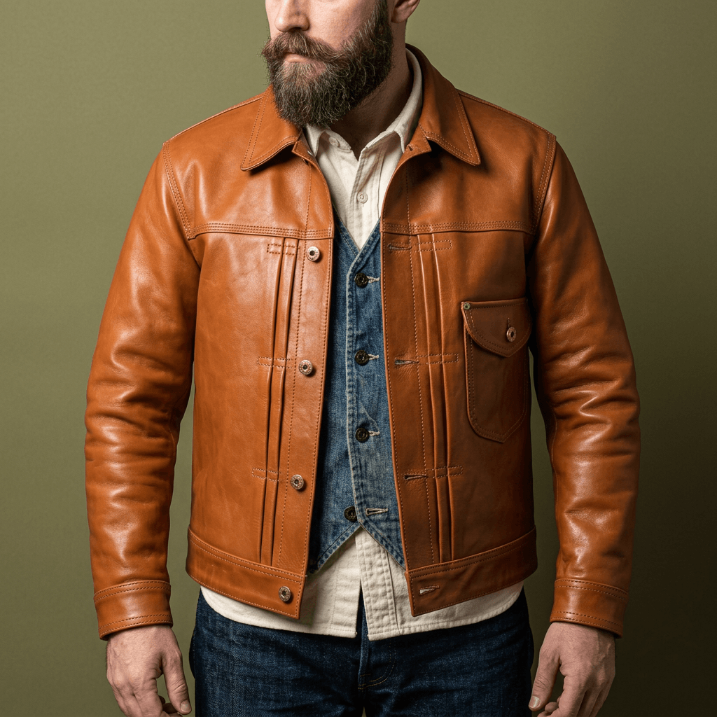Men's Tan Trucker Leather Jacket-Primus