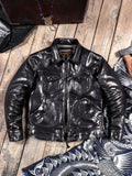 A brown Men's Mendoza leather jacket with a mandarin collar, two buttoned chest pockets, and dual lower round pockets. It includes adjustable waist buckles and a zip closure.