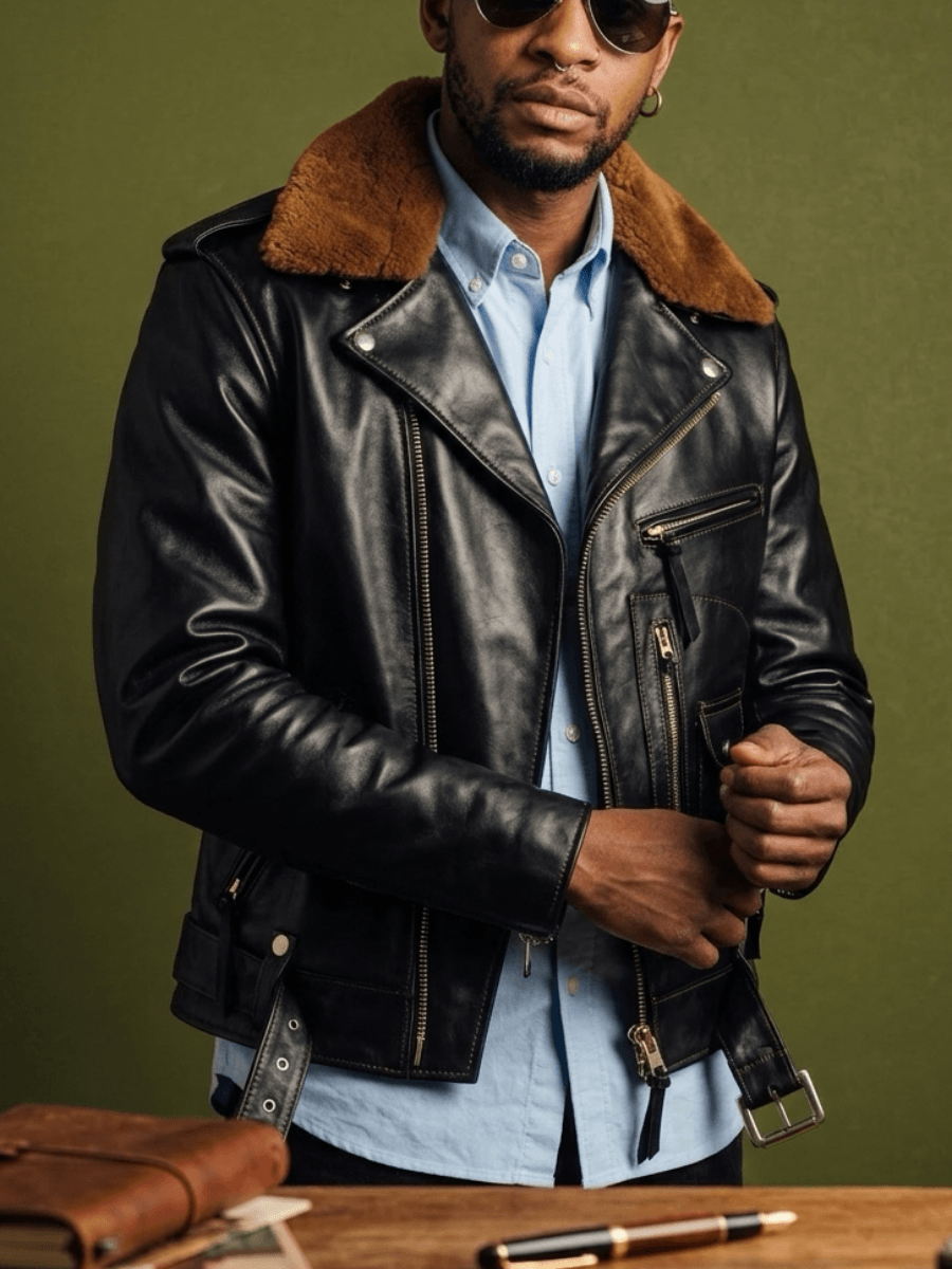 Men's Shearling Collar Rider Leather Jacket-Gravis