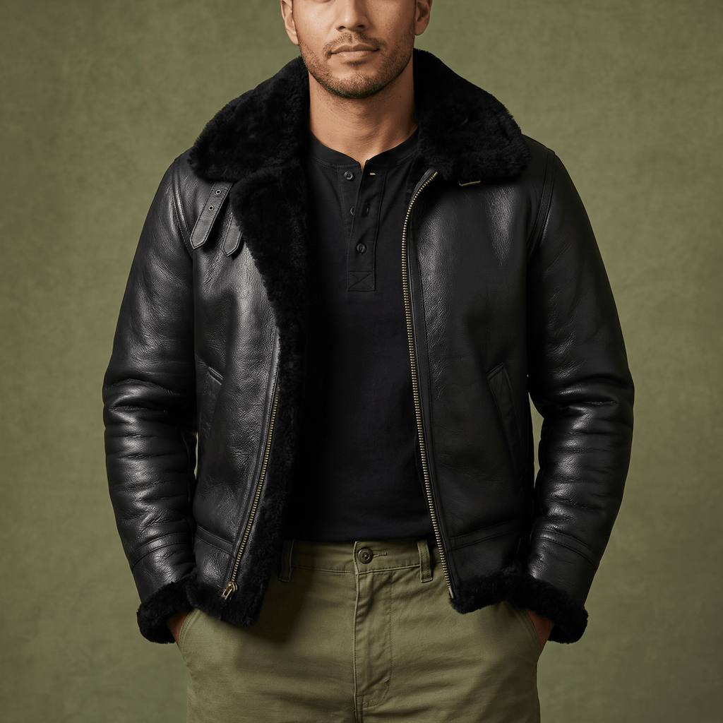 Men's Sheepskin Shearling Bomber Jacket- Rex Caeli
