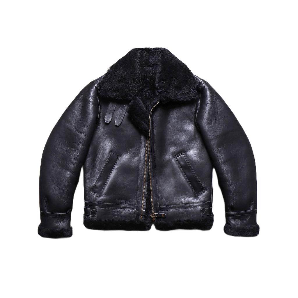 A black leather aviator jacket with a thick black shearling-style collar, shown flat against a solid white background.