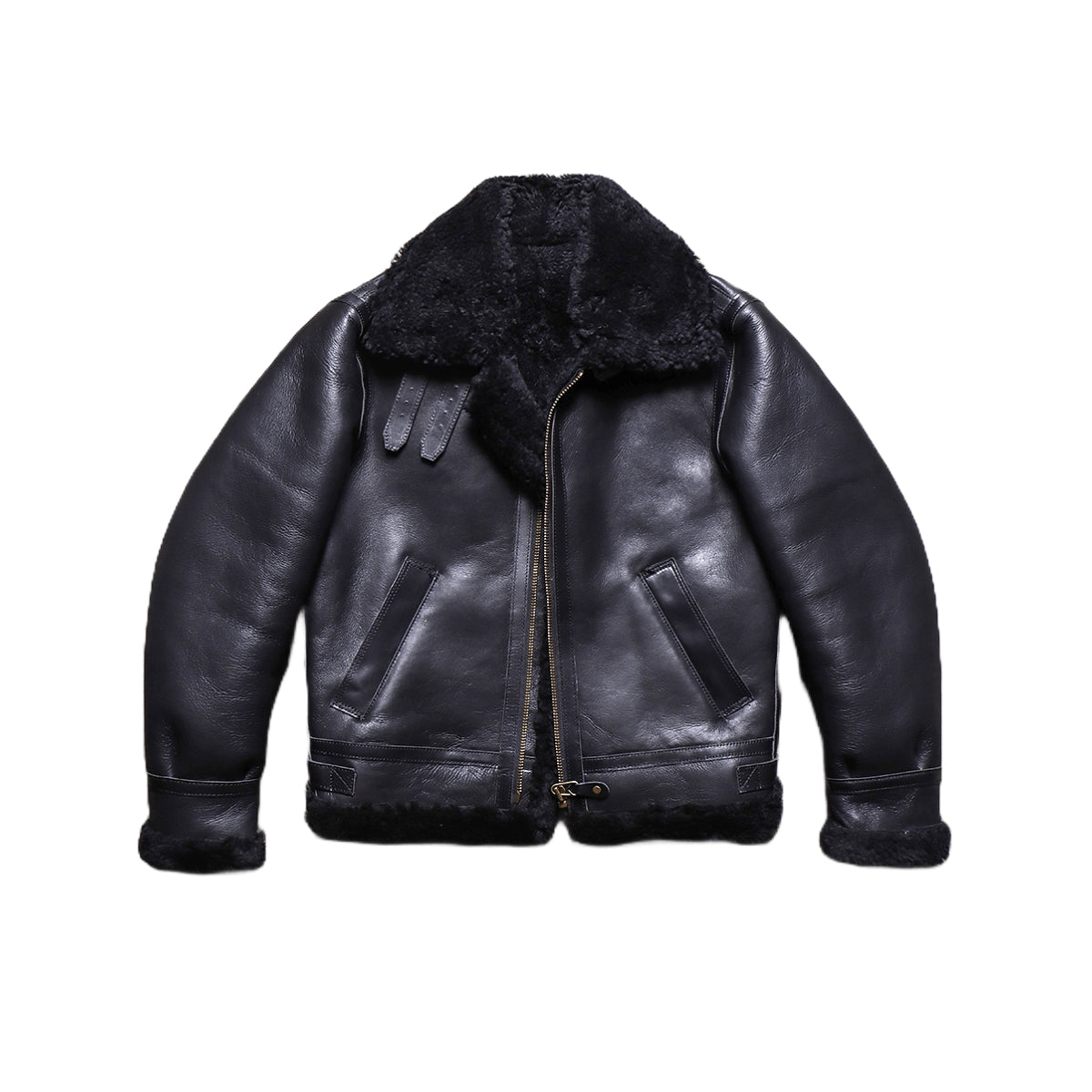 A black leather aviator jacket with a thick black shearling-style collar, shown flat against a solid white background.