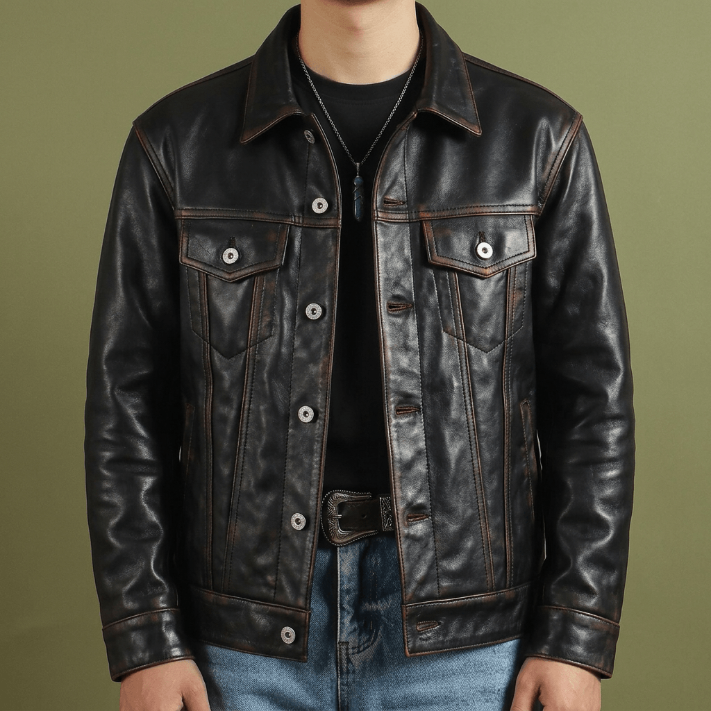 Men's Trucker Leather Jacket-Tertius