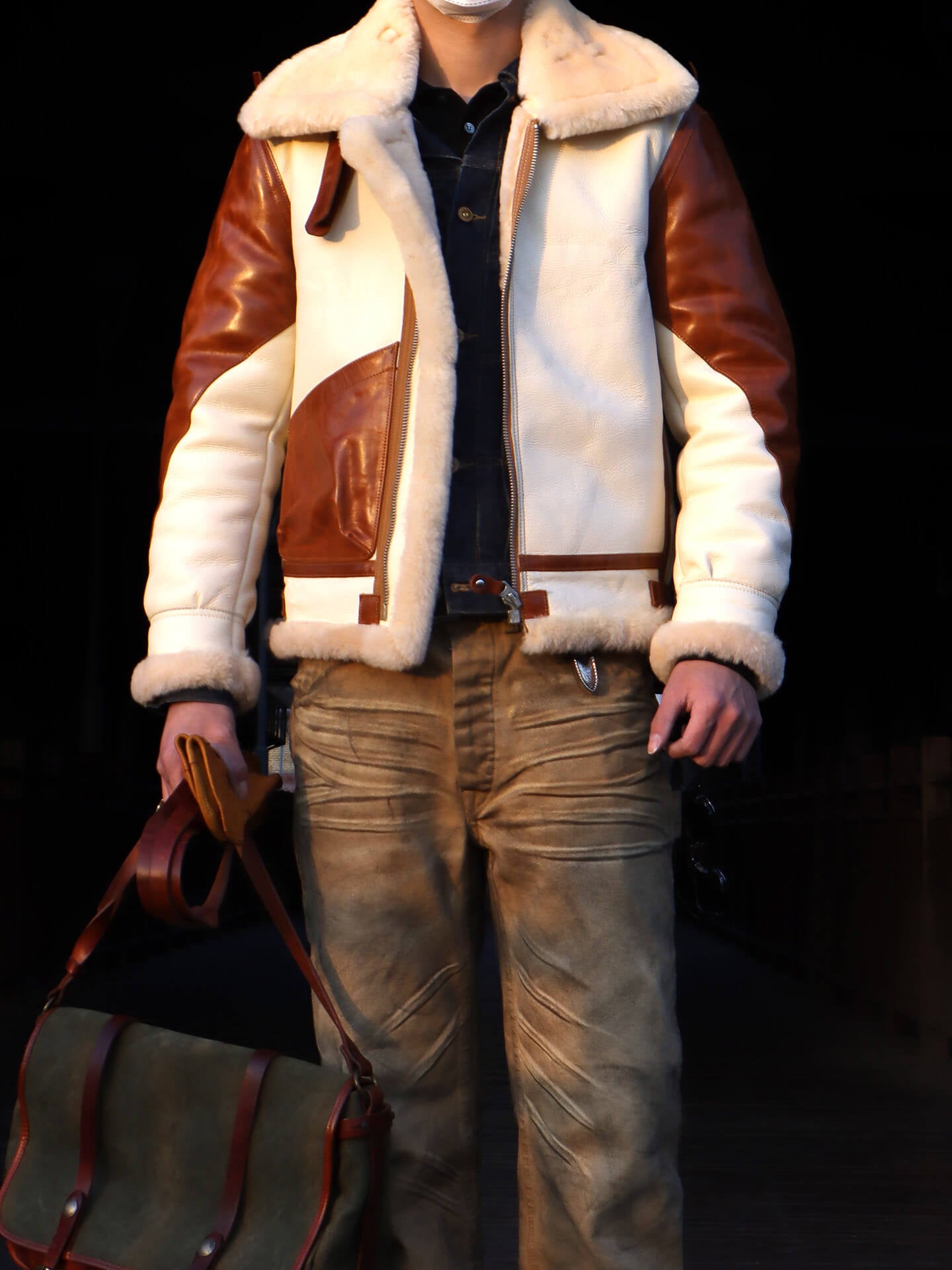 Men's Two Tone Sheepskin Shearling Bomber Jacket-Phoenix