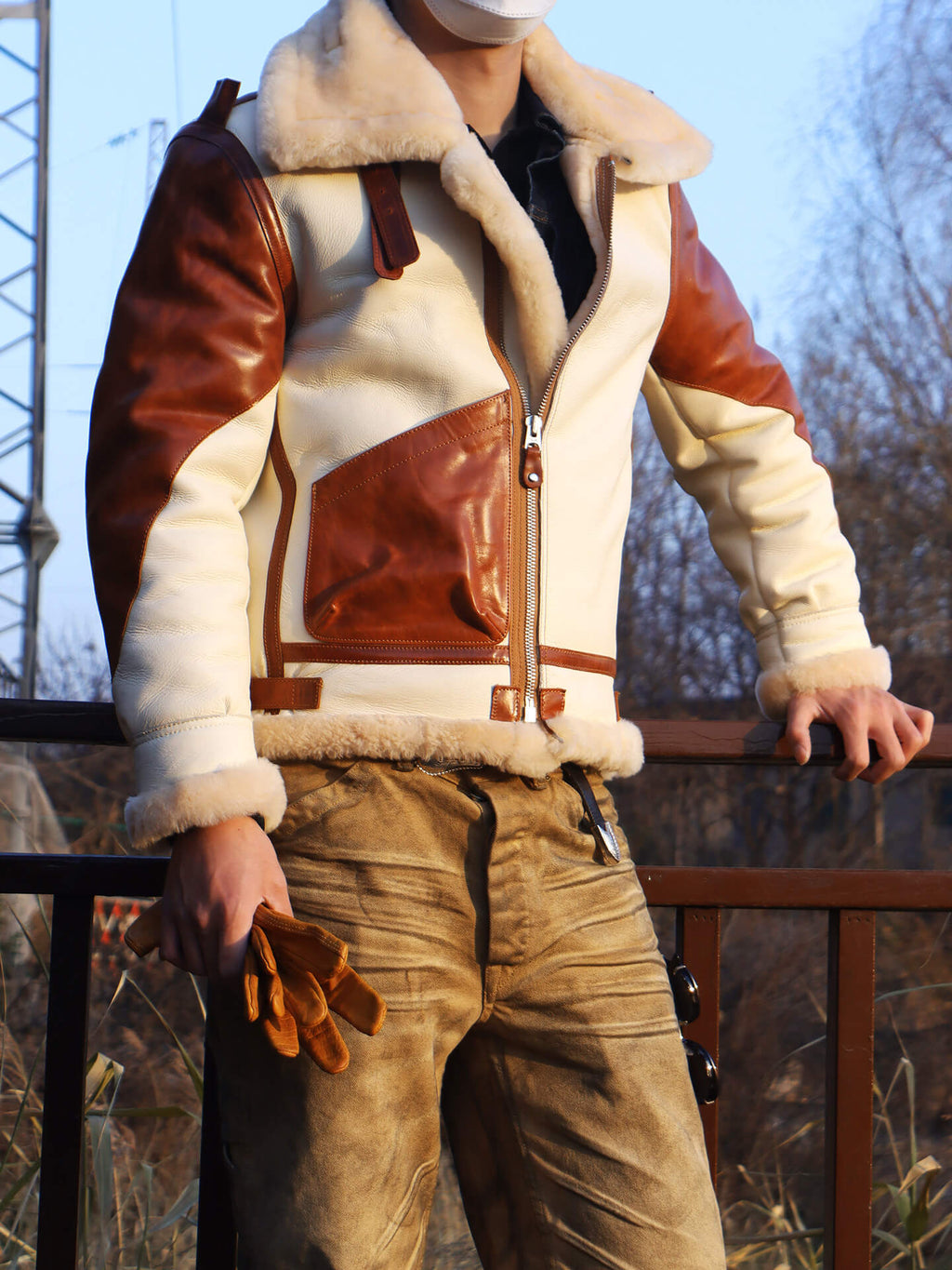 Men's Two Tone Sheepskin Shearling Bomber Jacket-Phoenix