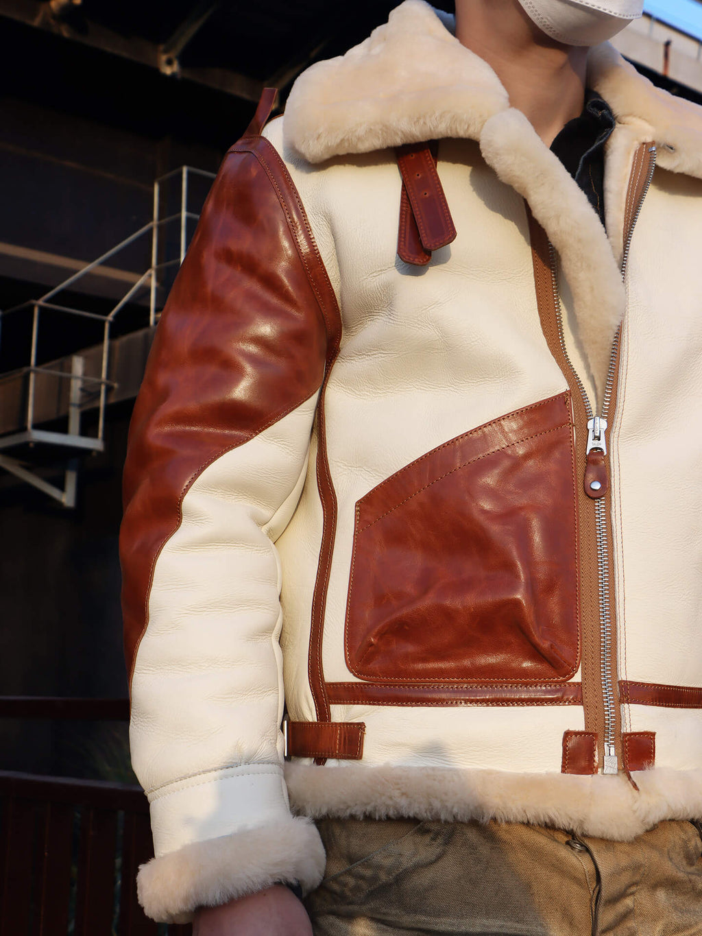 Men's Two Tone Sheepskin Shearling Bomber Jacket-Phoenix