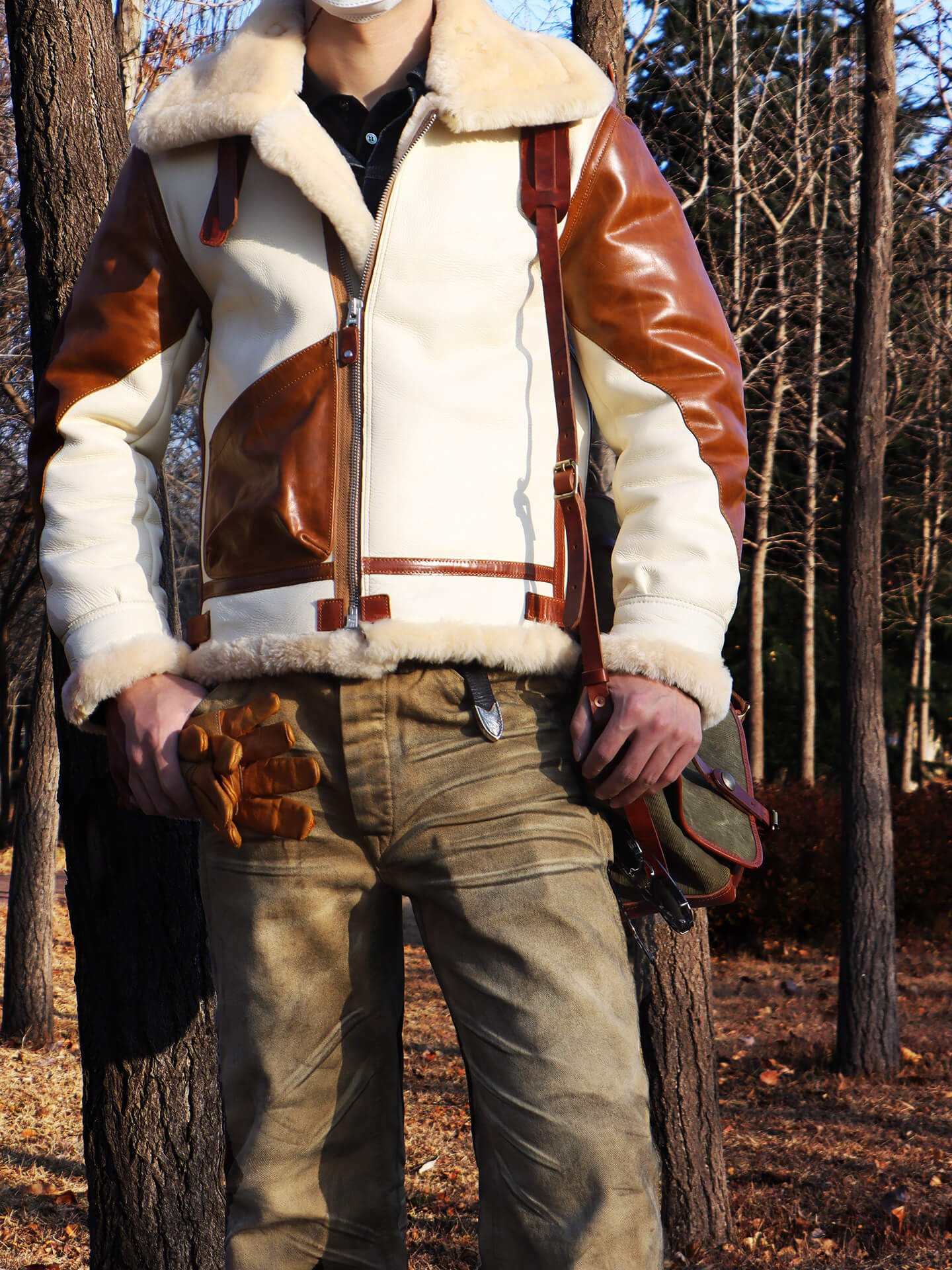 Men's Two Tone Sheepskin Shearling Bomber Jacket-Phoenix