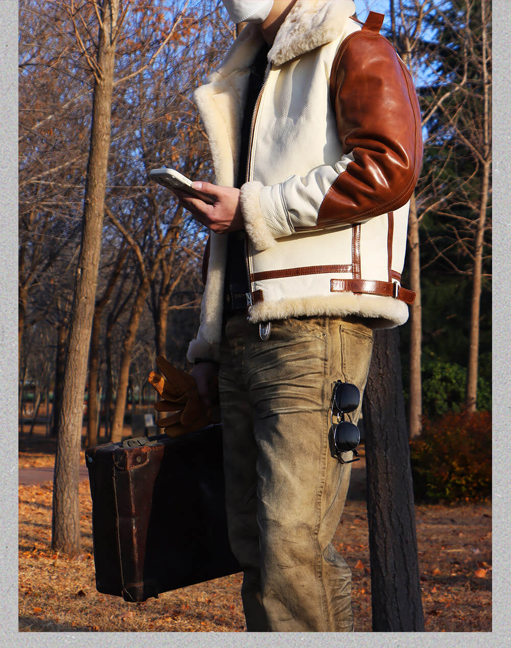 Men's Two Tone Sheepskin Shearling Bomber Jacket-Phoenix