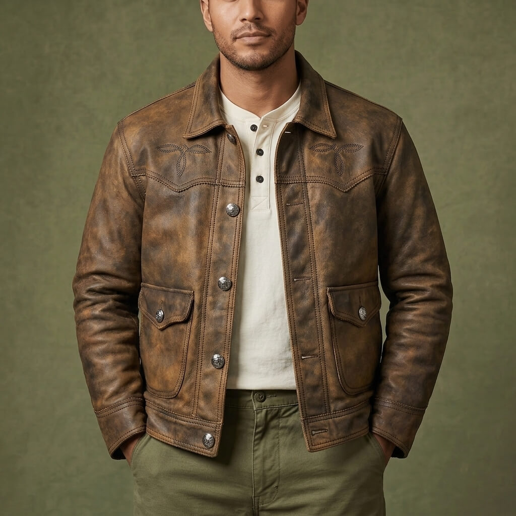 Men's Western Leather Jacket-Fuscus