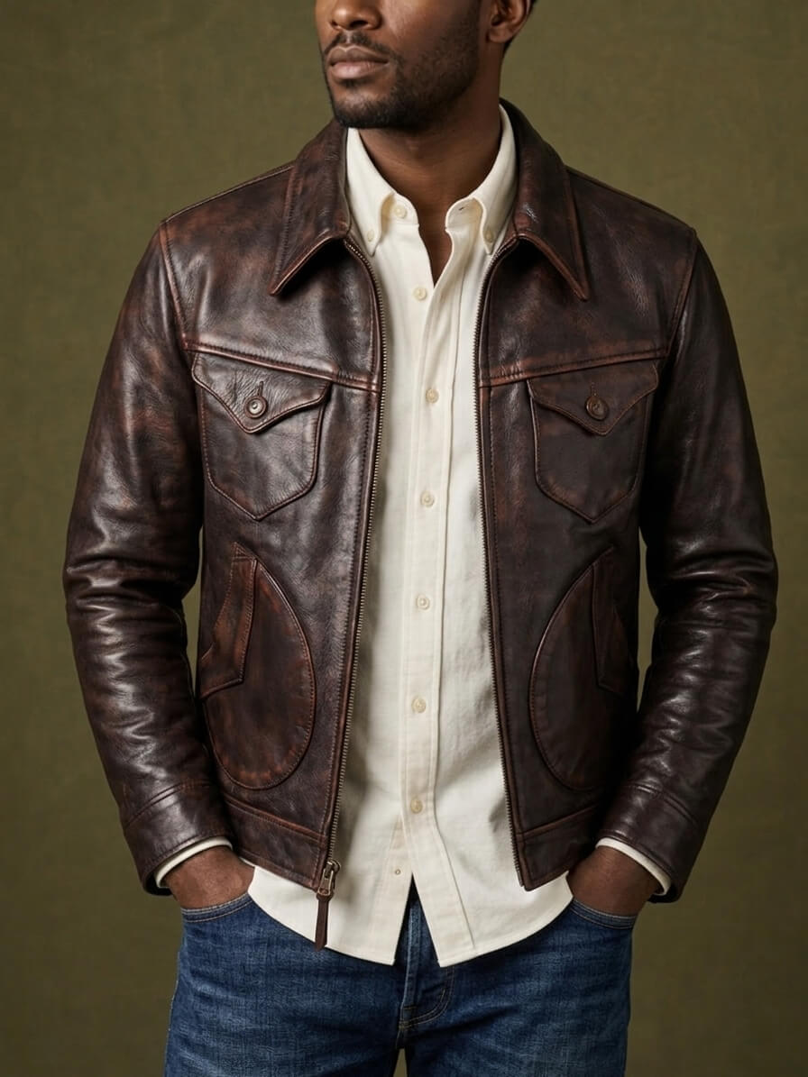 Men's Western Leather Jacket-Lobo Fuscus